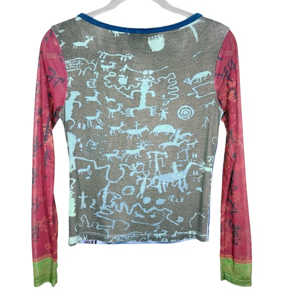 Jane Doe Y2K 90s Grunge Vintage Mesh Sleeve Top Size Medium Floral Blue Red - Picture 6 of 13